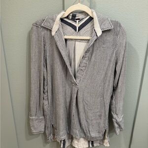 Free People Striped Lightweight Button-Front Shirt - Navy & White